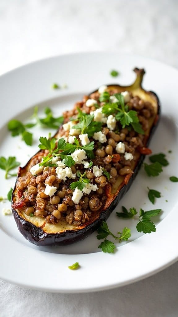 lentil feta stuffed eggplant