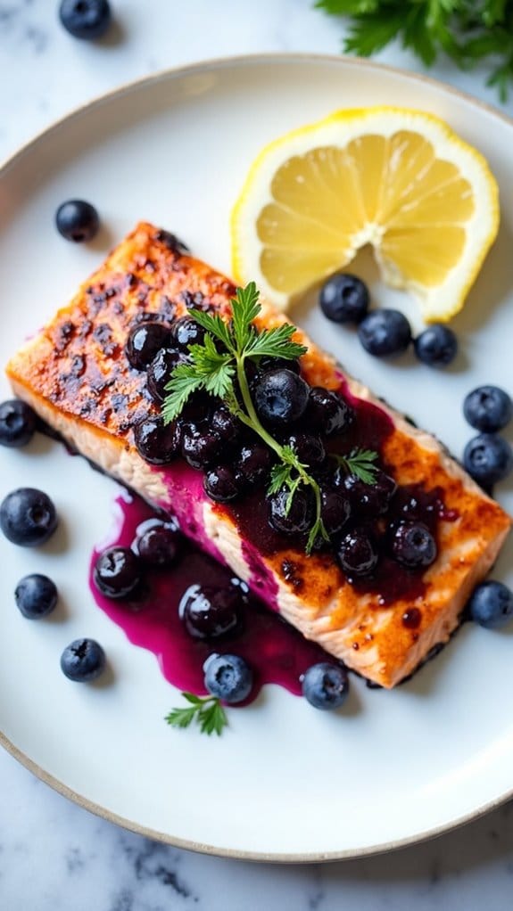 salmon topped with blueberries