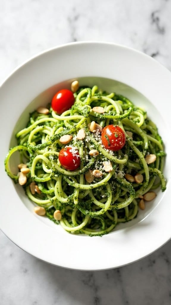 zucchini noodles topped with pesto