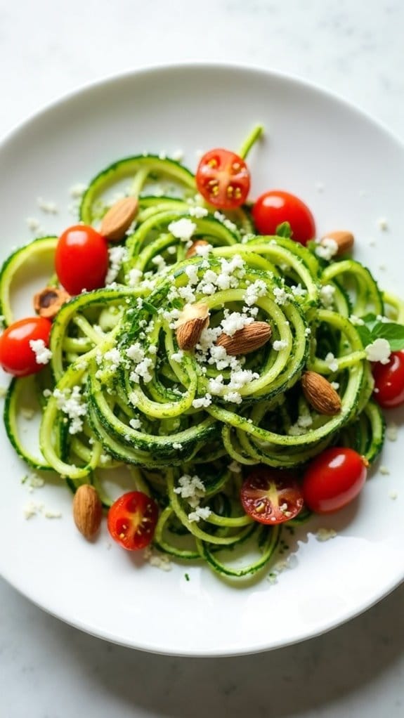 zucchini noodles topped with pesto